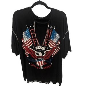 Haute Mess Shirt Womens Plus Size 1X Black V-neck Flag Eagle Born Free Patriotic